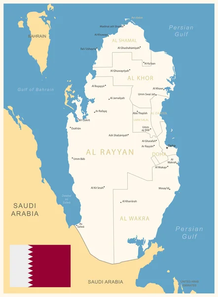 Qatar Mappa Dettagliata Con Divisioni Amministrative Bandiera Nazionale Illustrazione Vettoriale — Vettoriale Stock