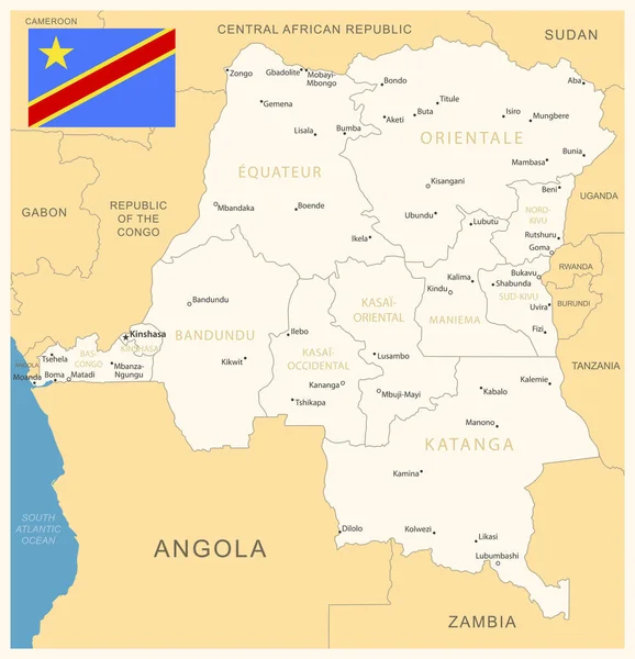 Demokratische Republik Kongo Detailkarte Mit Verwaltungseinheiten Und Landesflagge Vektorillustration — Stockvektor