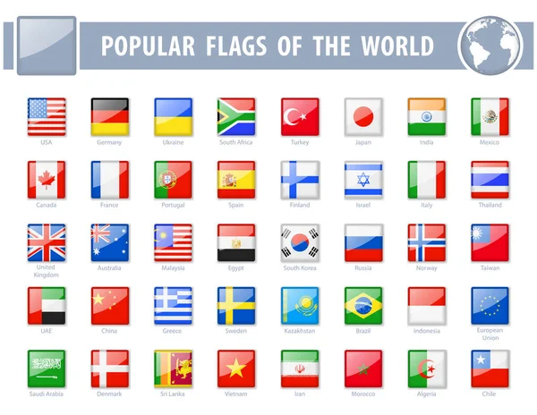 Beliebte Flaggen Der Welt Square Glossy Icons Vektorillustration — Stockvektor