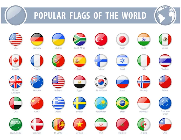 Bandiere Popolari Del Mondo Icone Lucide Rotonde Illustrazione Vettoriale — Vettoriale Stock