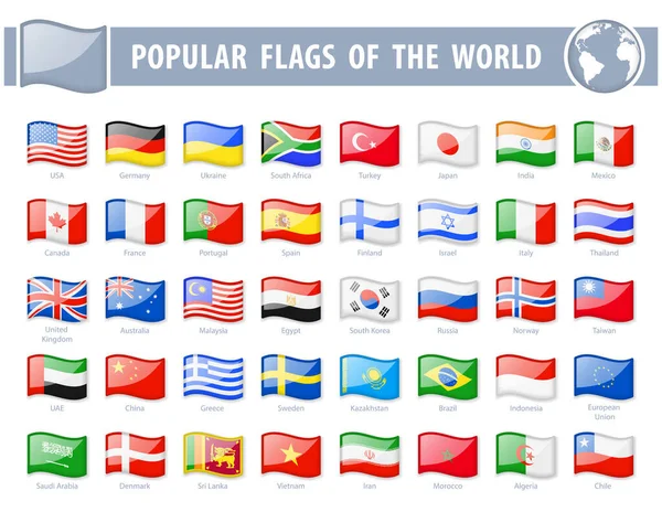 Bandeiras Populares Mundo Ícones Brilhantes Ondulados Ilustração Vetorial — Vetor de Stock