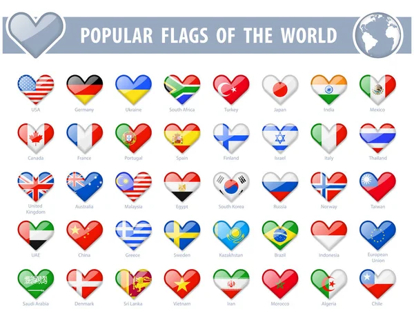 Dünyanın Popüler Bayrakları Kalp Parıltısı Simgeleri Vektör Illüstrasyonu — Stok Vektör