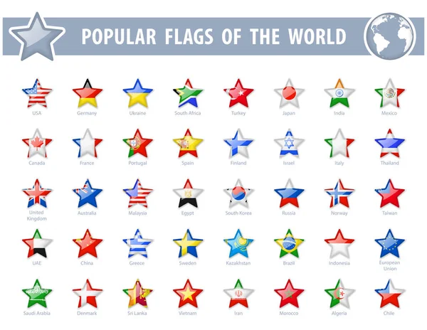 Dünyanın Popüler Bayrakları Yıldız Parıltısı Simgeleri Vektör Illüstrasyonu — Stok Vektör