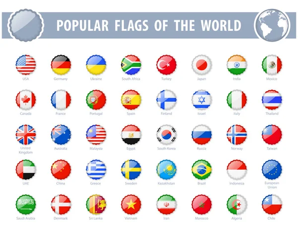 Popularne Flagi Świata Okrągłe Ikony Glossy Ilustracja Wektora — Wektor stockowy