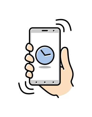 Elinde akıllı telefon var. Cep telefonu özellikleri, ayarları ve uygulamalarının ince çizgi simgesi. Akıllı telefon için vektör doğrusal simgesi. Vektör illüstrasyonu.
