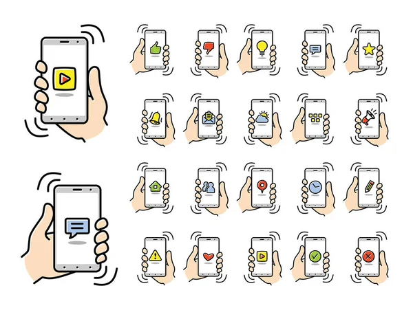 Elinde akıllı telefon var. Cep telefonu fonksiyonlarının, ayarlarının ve uygulamalarının ince simgeleri. Akıllı telefonlar için vektör doğrusal simgeleri kümesi.