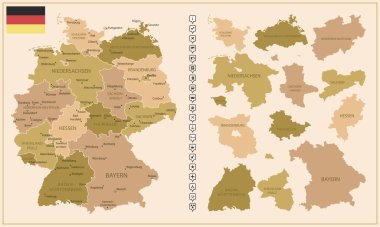 Almanya - ülkenin kahverengi renkli detaylı haritası, bölgelere bölünmüş. Vektör illüstrasyonu