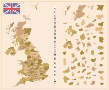 Birleşik Krallık - ülkenin kahverengi renklerle detaylı haritası, bölgelere bölünmüş. Vektör illüstrasyonu
