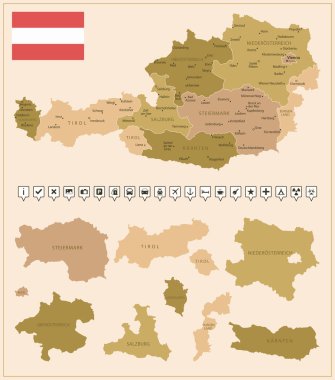 Avusturya - ülkenin kahverengi renkli detaylı haritası, bölgelere bölünmüş. Vektör illüstrasyonu