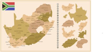 Güney Afrika - ülkenin kahverengi renkli detaylı haritası, bölgelere bölünmüş. Vektör illüstrasyonu