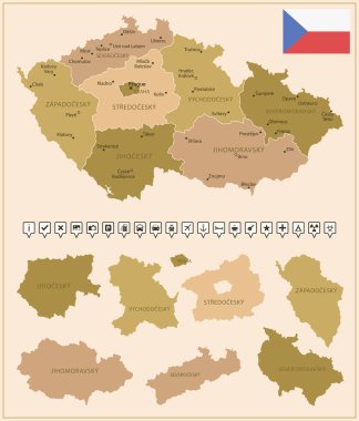 Çek Cumhuriyeti - ülkenin kahverengi renklerle detaylı haritası, bölgelere bölünmüş. Vektör illüstrasyonu