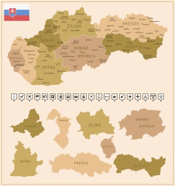 Slovakya - ülkenin kahverengi renkli detaylı haritası, bölgelere bölünmüş. Vektör illüstrasyonu