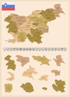 Slovenya - ülkenin kahverengi renkli ayrıntılı haritası, bölgelere bölünmüş. Vektör illüstrasyonu