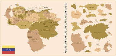 Venezuela - ülkenin kahverengi renkli detaylı haritası, bölgelere bölünmüş. Vektör illüstrasyonu