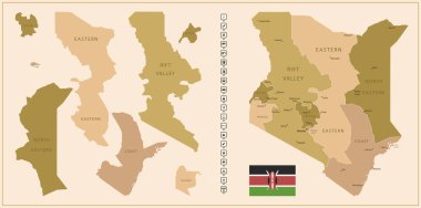 Kenya - ülkenin kahverengi renkli detaylı haritası, bölgelere bölünmüş. Vektör illüstrasyonu