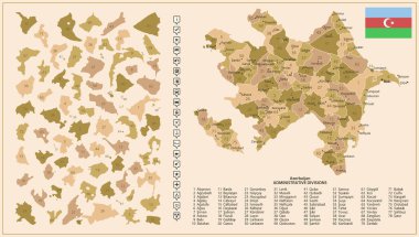 Azerbaycan - ülkenin kahverengi renkli detaylı haritası, bölgelere bölünmüş. Vektör illüstrasyonu