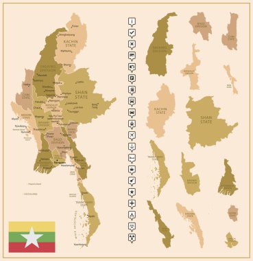 Myanmar - ülkenin kahverengi renkli detaylı haritası, bölgelere bölünmüş. Vektör illüstrasyonu