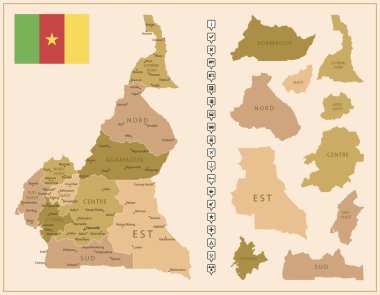 Kamerun - ülkenin kahverengi renkli detaylı haritası, bölgelere bölünmüş. Vektör illüstrasyonu