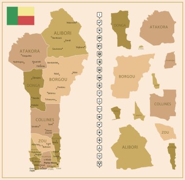 Benin - ülkenin kahverengi renkli detaylı haritası, bölgelere bölünmüş. Vektör illüstrasyonu