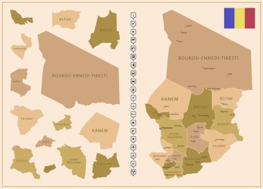 Chad, ülkenin kahverengi renkli detaylı haritası, bölgelere bölünmüş. Vektör illüstrasyonu