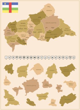Orta Afrika Cumhuriyeti - ülkenin kahverengi renkleriyle detaylı haritası, bölgelere bölünmüş. Vektör illüstrasyonu