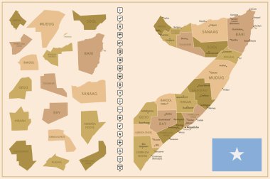 Somali - ülkenin kahverengi renkli detaylı haritası, bölgelere bölünmüş. Vektör illüstrasyonu