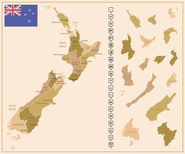 Nueva Zelanda Mapa Detallado Del País Colores Marrones Dividido Regiones — Archivo Imágenes Vectoriales