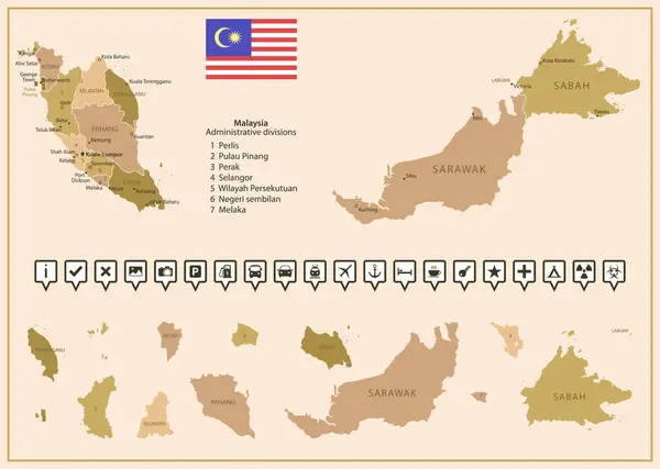 stock vector Malaysia - detailed map of the country in brown colors, divided into regions. Vector illustration