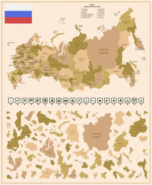 stock vector Russia - detailed map of the country in brown colors, divided into regions. Vector illustration