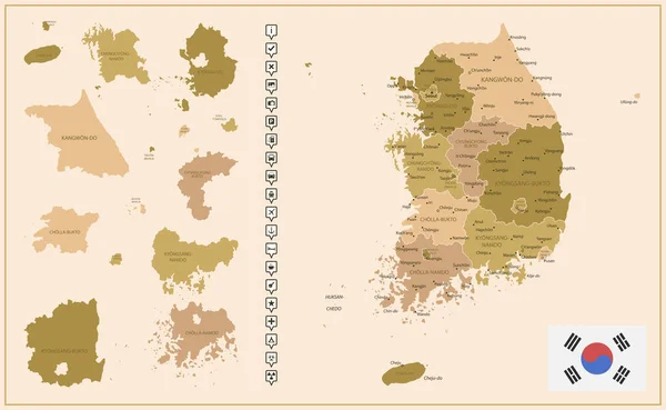 Corea Del Sur Mapa Detallado Del País Colores Marrones Dividido — Archivo Imágenes Vectoriales