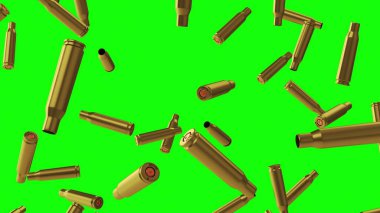 Yeşil arka planda otomatik silahlardan atılan mermi kovanları. 3B görüntüleme