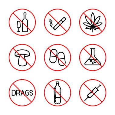 İçki yasağı simgelerinin mobil seti. Yasak işaretler çizgisi piktogram paketi, doğrusal simgeler beyaz arkaplanda izole edilmiş kırmızı daireler, 2.