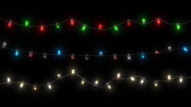 Siyah arka planda parlayan renkli çelenkler. 3B görüntüleme