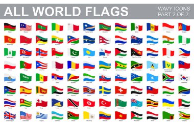 Tüm dünya bayrakları - dalga şeklindeki düz simgelerin vektör kümesi. Tüm ülkelerin ve kıtaların bayrakları. 2. Bölümün 2.