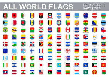Tüm dünya bayrakları - kare simgelerin vektör kümesi. Tüm ülkelerin ve kıtaların bayrakları. 2. Bölümün 1.