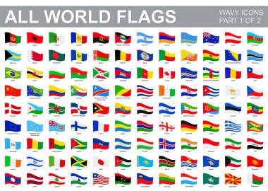 Tüm dünya bayrakları - dalga şeklindeki düz simgelerin vektör kümesi. Tüm ülkelerin ve kıtaların bayrakları. 2. Bölümün 1.