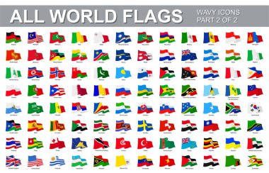 Tüm dünya bayrakları - dalga şeklindeki düz simgelerin vektör kümesi. Tüm ülkelerin ve kıtaların bayrakları. 2. Bölümün 2.