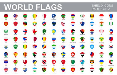 Tüm dünya bayrakları - düz kalkan simgelerinin vektör kümesi. Tüm ülkelerin ve kıtaların bayrakları. 2. Bölümün 2.