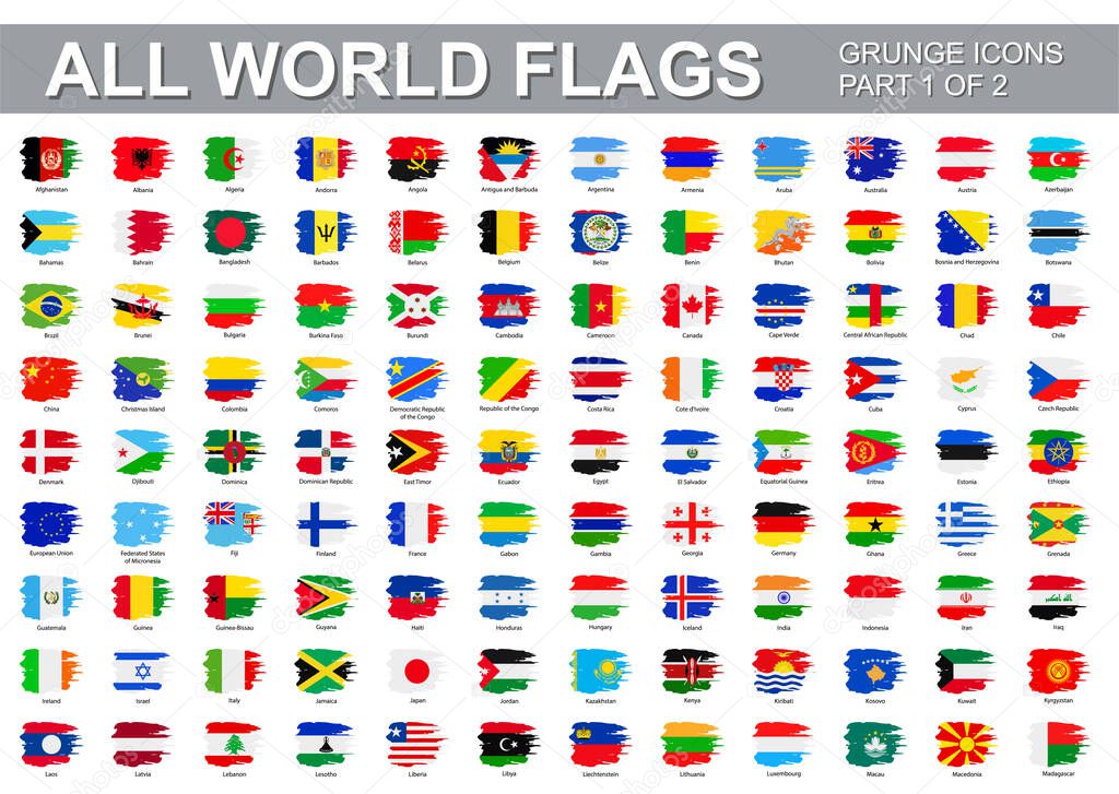 All world flags - vector set of flat grunge icons. Flags of all countries and continents. Part 1 of 2