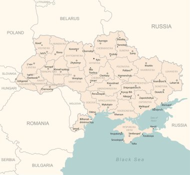 Ukrayna - idari bölümler ülkesinin detaylı haritası. Vektör illüstrasyonu
