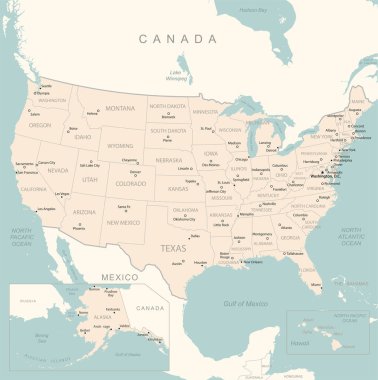 ABD - idari bölümler ülkesinin detaylı haritası. Vektör illüstrasyonu
