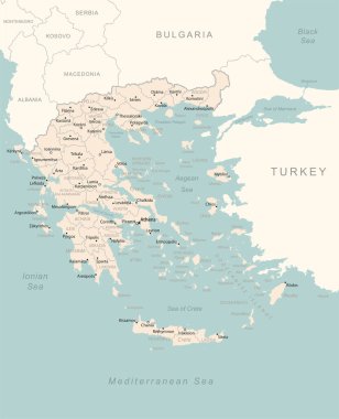 Yunanistan - idari bölümler ülkesinin ayrıntılı haritası. Vektör illüstrasyonu