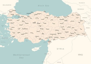 Türkiye - idari bölümler ülkesinin ayrıntılı haritası. Vektör illüstrasyonu