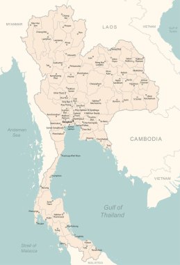 Tayland - idari bölümler ülkesinin detaylı haritası. Vektör illüstrasyonu