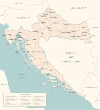 Hırvatistan - idari bölümler ülkesinin ayrıntılı haritası. Vektör illüstrasyonu
