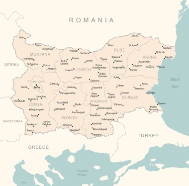 Bulgaristan - idari bölümler ülkesinin ayrıntılı haritası. Vektör illüstrasyonu