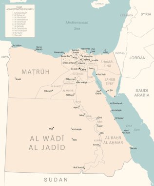 Mısır - idari bölümler ülkesinin detaylı haritası. Vektör illüstrasyonu