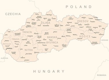 Slovakya - idari bölümler ülkesinin ayrıntılı haritası. Vektör illüstrasyonu