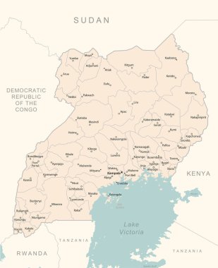 Uganda - idari bölümler ülkesinin detaylı haritası. Vektör illüstrasyonu