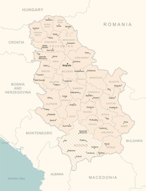 Sırbistan - idari bölümler ülkesinin ayrıntılı haritası. Vektör illüstrasyonu
